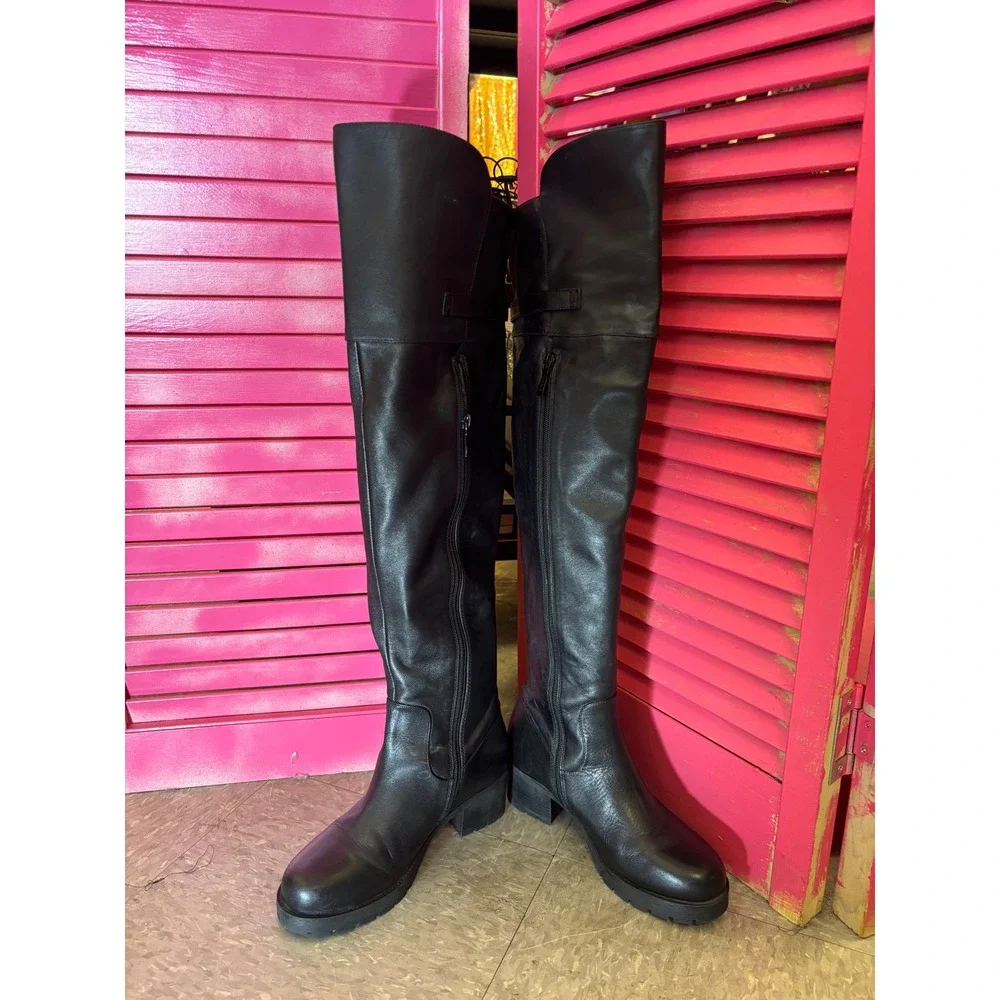 Tata Black Leather Over The Knee Boots Buckle Detail Low Block Heel Tall Boots